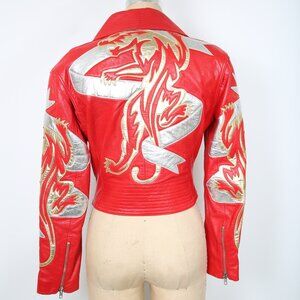 Vintage North Beach Leather Jacket Red Gold & Silver Panther 80s 90s Biker